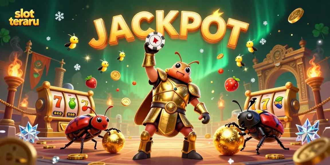 Spin the latest jackpot on slot terbaru with our vibrant 3D illustration featuring winning beetles and golden tokens.