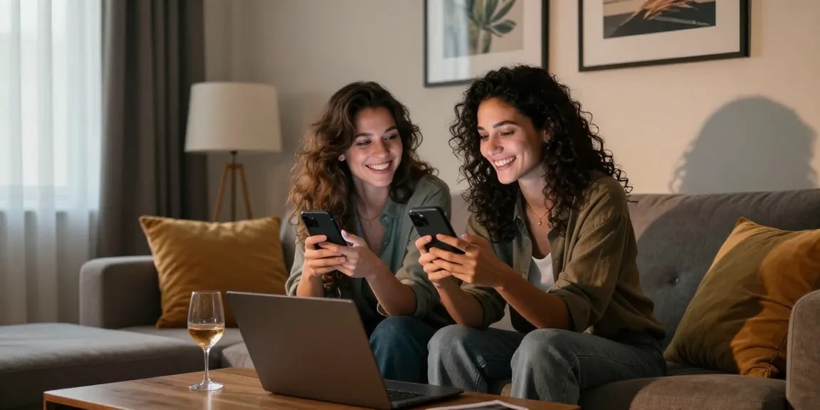 Sexting AI chat scene with couple flirting in a cozy living room during 2026.