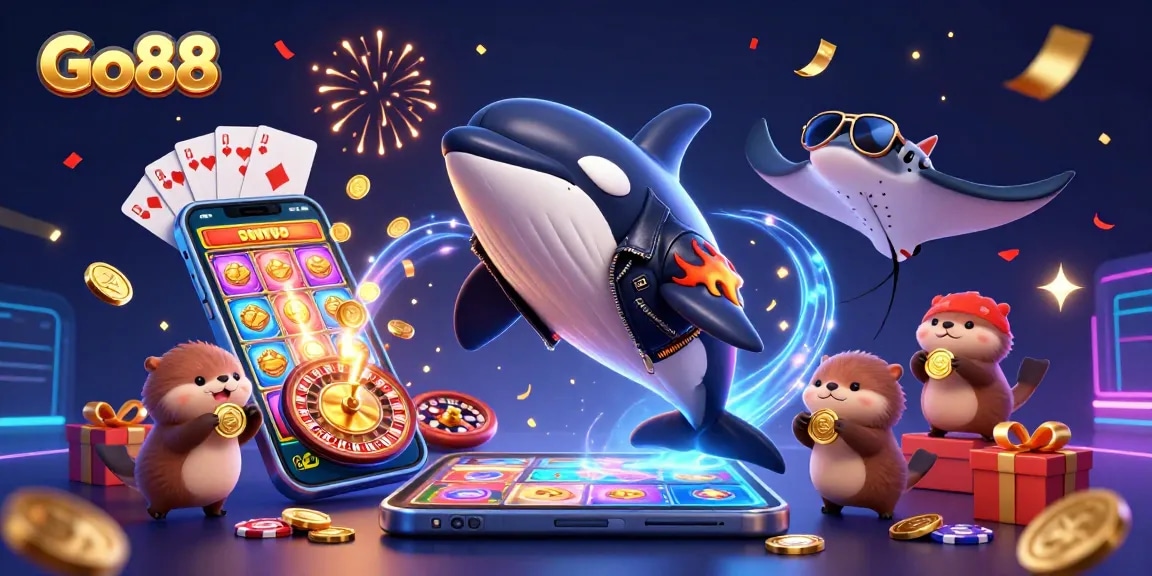 Experience thrilling gameplay at Go88 with animated 3D characters surrounded by dynamic casino elements.