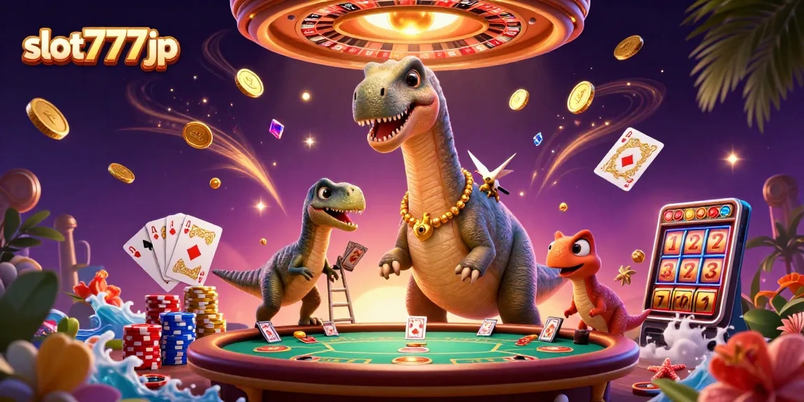 Engage in thrilling gameplay on slot777jp with cascading gems, cards, and animated 3D elements.