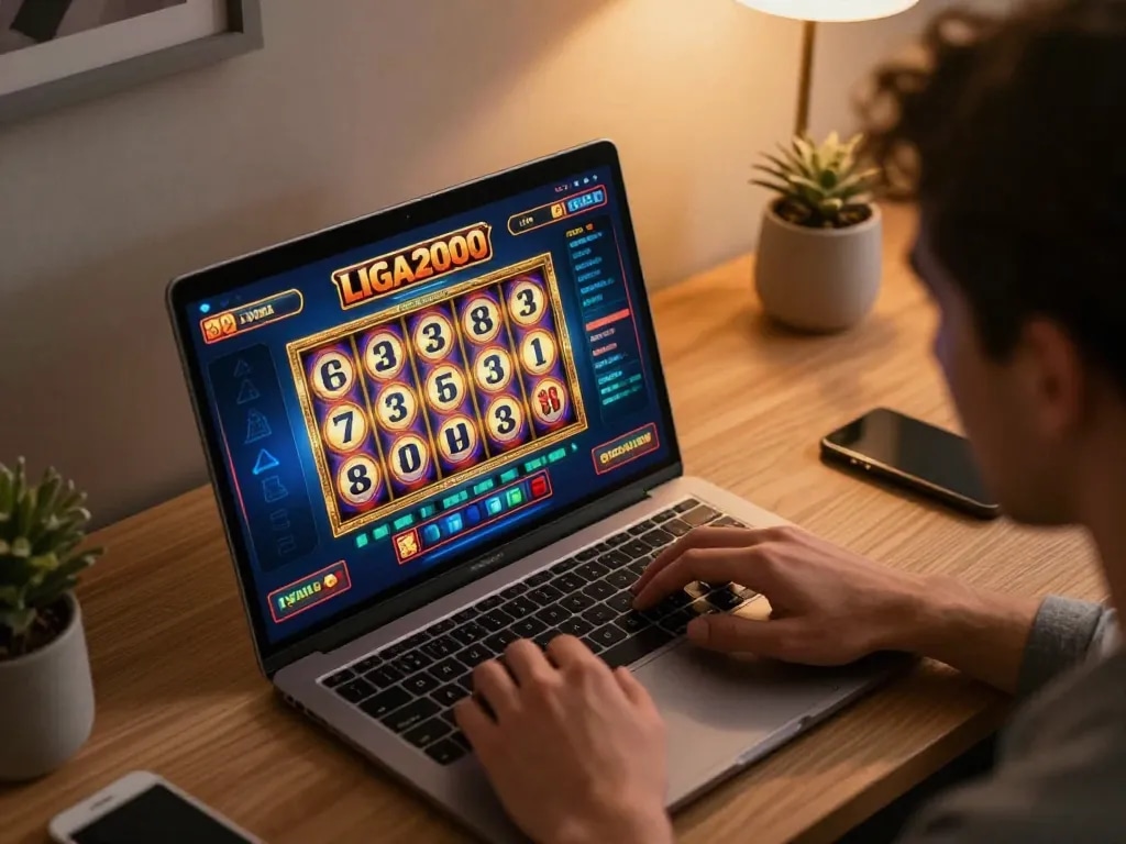 LIGA2000 player engaged in dynamic online casino gameplay showcasing vibrant slot graphics.