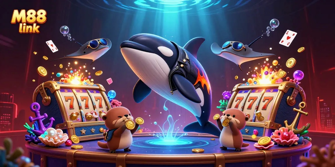 Win big with M88 link in this dynamic casino scene featuring vibrant characters and colorful elements.