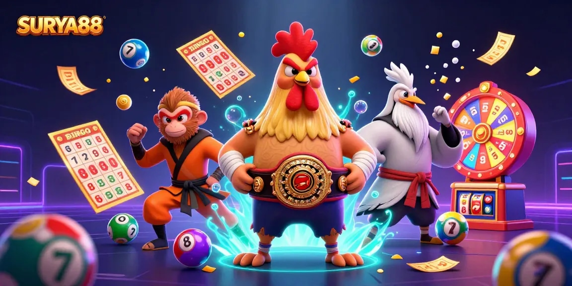 SURYA88 brings excitement with a fierce Muay Thai rooster and Shaolin monkey, surrounded by vibrant casino elements.