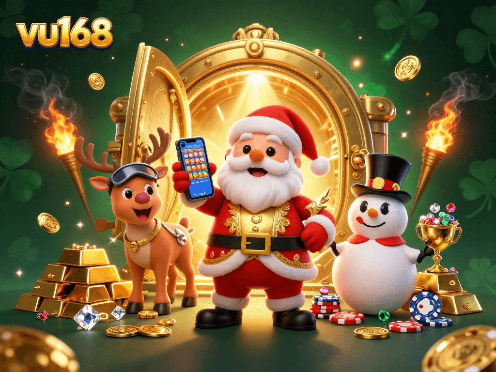 Experience thrilling slots and jackpots with vu168 in this festive casino illustration.