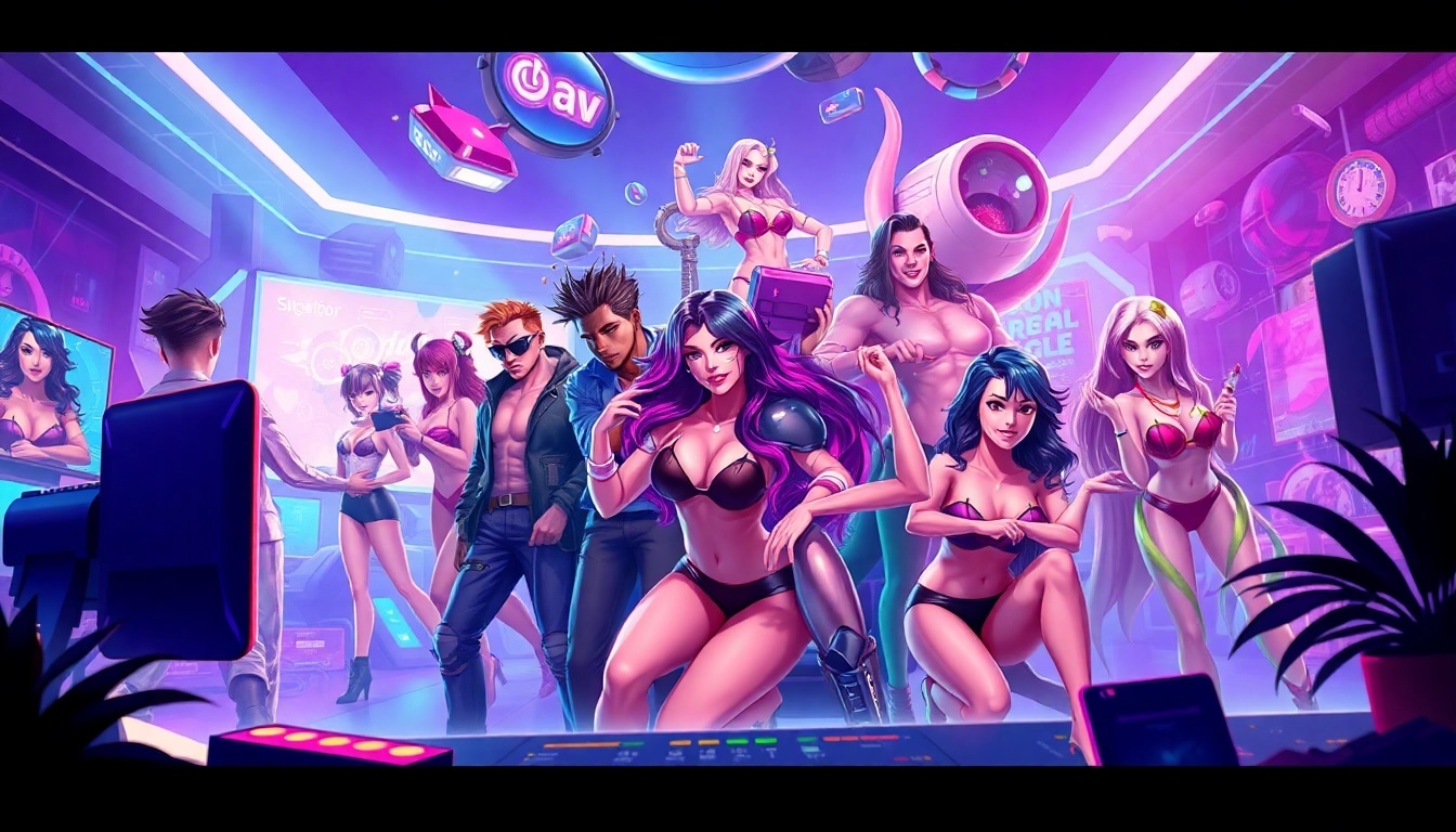 Vibrant digital artwork showcasing diverse characters in an exciting adult gaming environment focused on porn games.