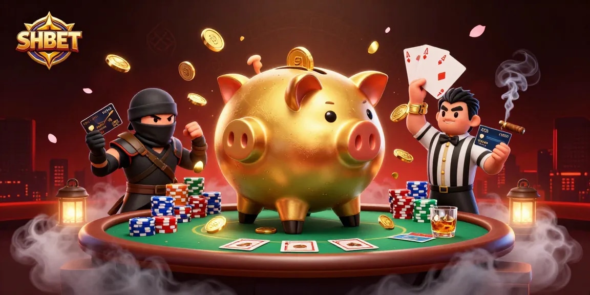 SHBET offers thrilling gambling experiences with a colorful 3D illustration showcasing poker action.