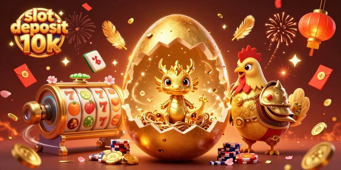 Engage with slot deposit 10k in a vibrant 3D casino scene featuring golden dragon, poker chips, and dynamic gaming elements.
