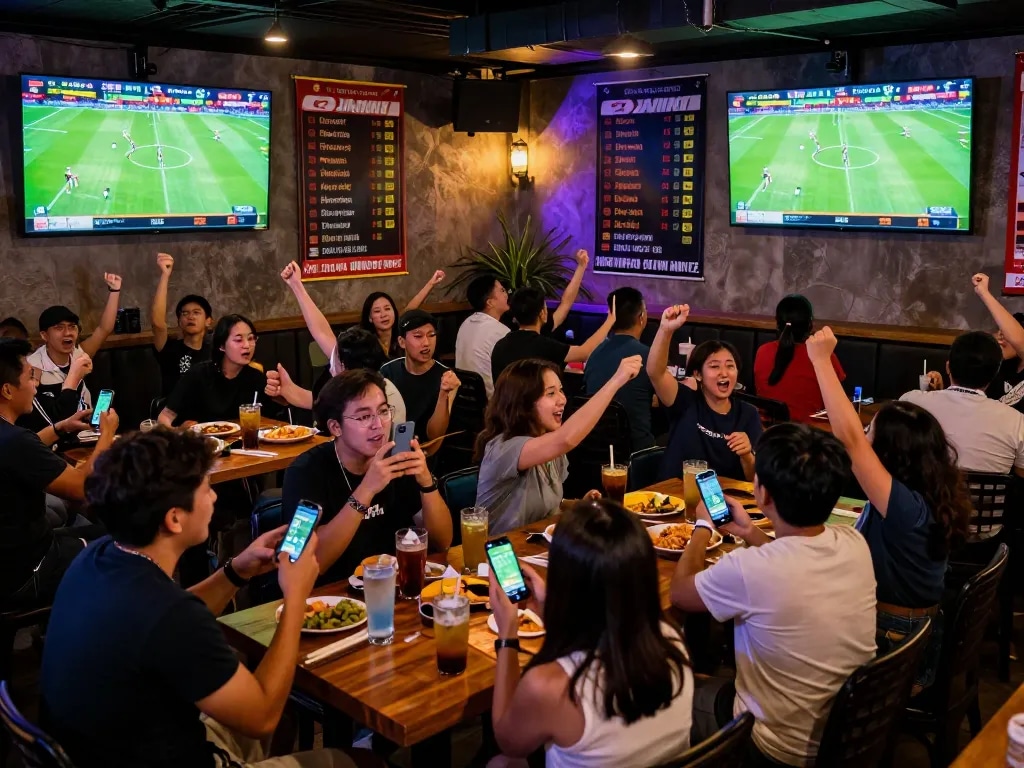 Fans checking keo nha cai updates while enjoying live sports in a vibrant sports bar setting.