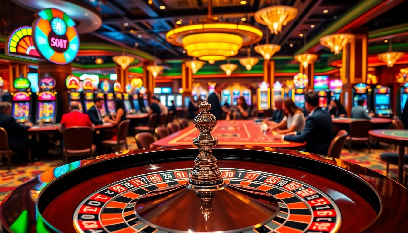 Pemain beraksi dalam kasino dengan bbni4d, menampilkan roda roulette dan meja kartu yang elegan.