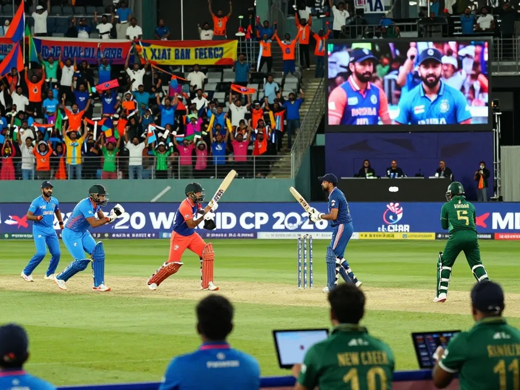 Exciting cricket action during T20 World Cup 2026 highlighting players and fans, promoting crickex app download.