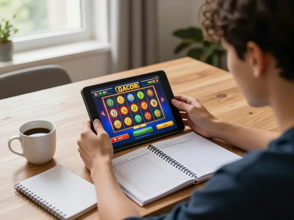 Engaging session featuring slot gacor on tablet during cozy home gaming.
