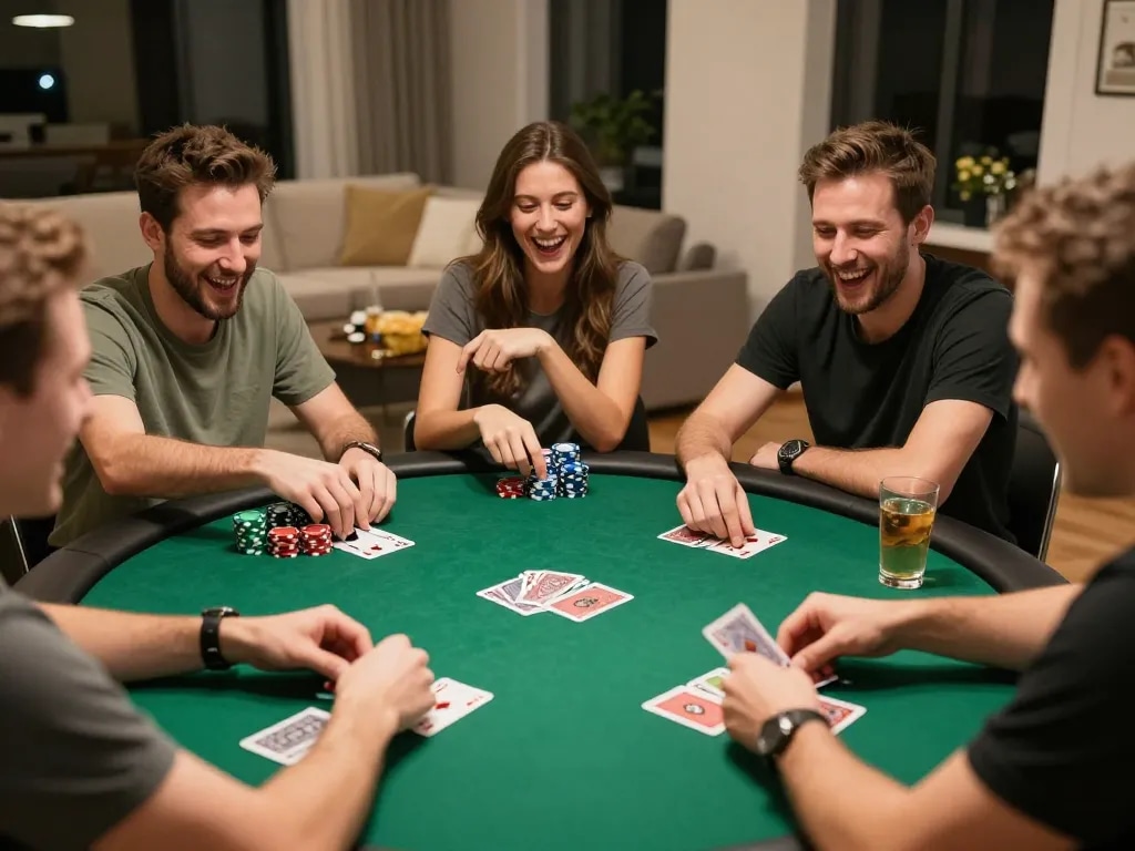 Friends engaging in an exciting poker game at home, showcasing a lively atmosphere with rikvip branding.