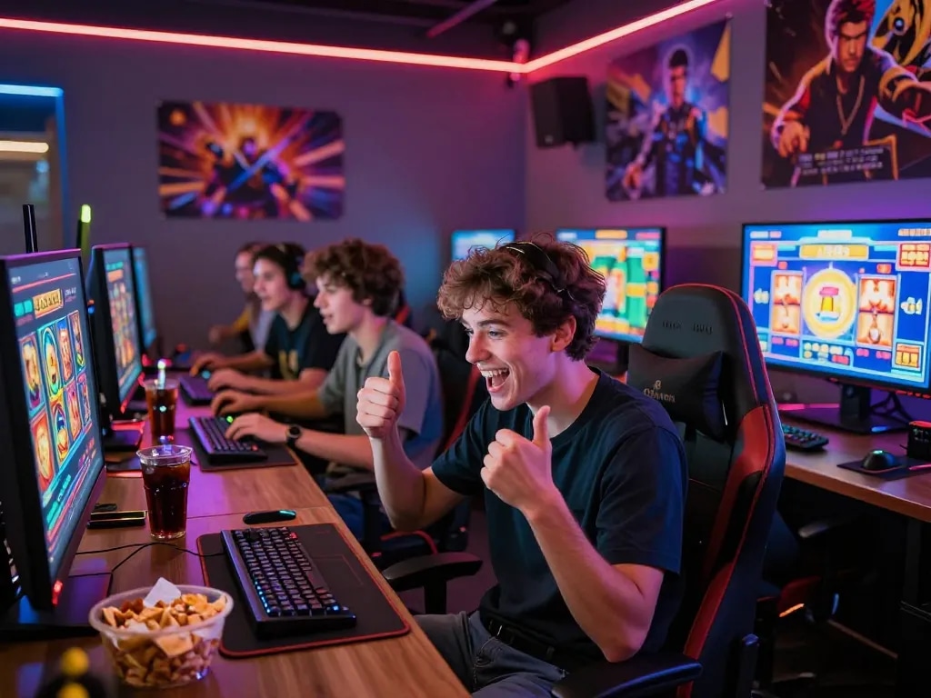 Friends enjoying a lively gaming night at home, featuring situs gacor slot games on screens and vibrant atmosphere.