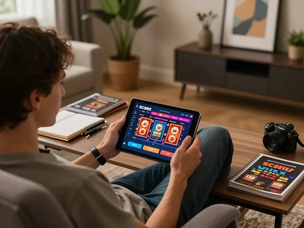 Player engaging with the SC88E app for online gambling, enjoying a vibrant poker game in a cozy home environment.