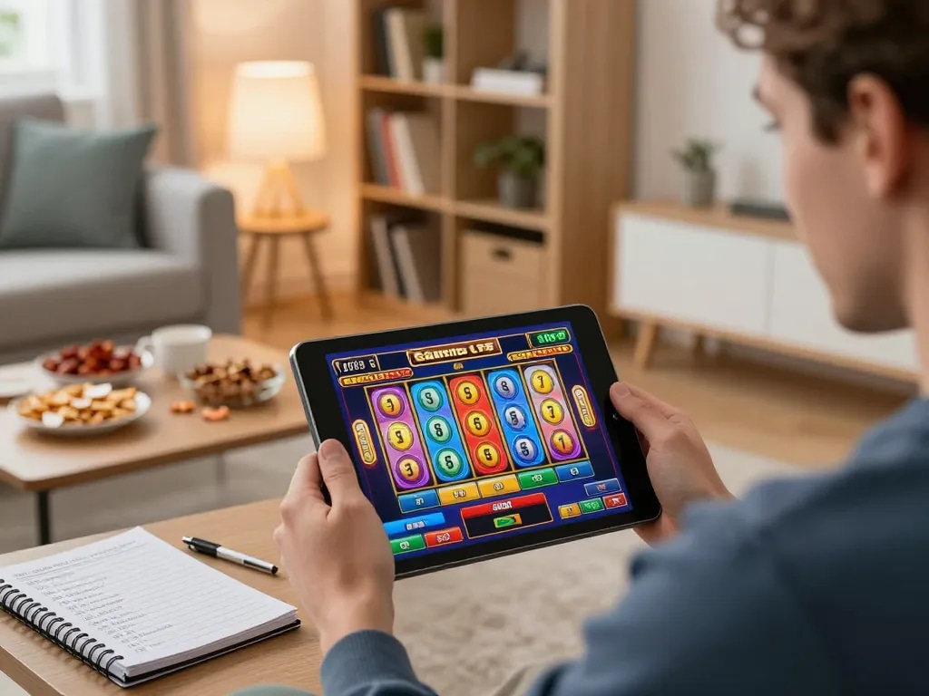 Gambler enjoying slots not on Gamstop on tablet, showcasing vibrant game interface and responsible gaming habits