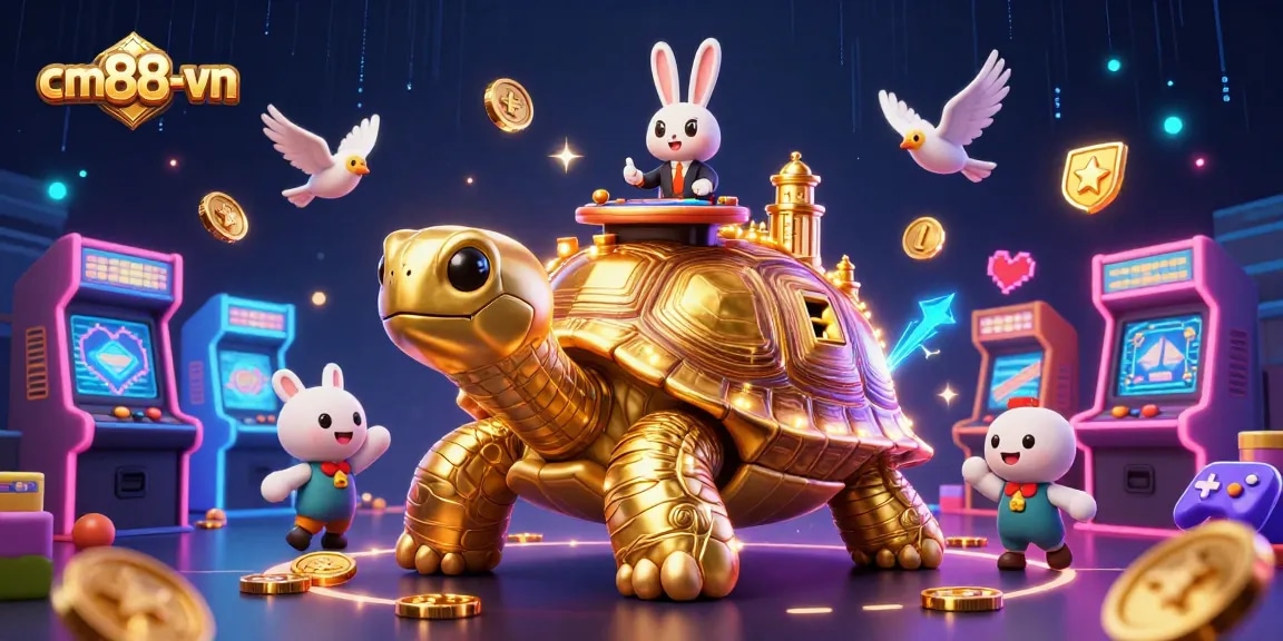 Experience exhilarating gaming action at cm88-vn with a golden tortoise casino illustration and vibrant game elements