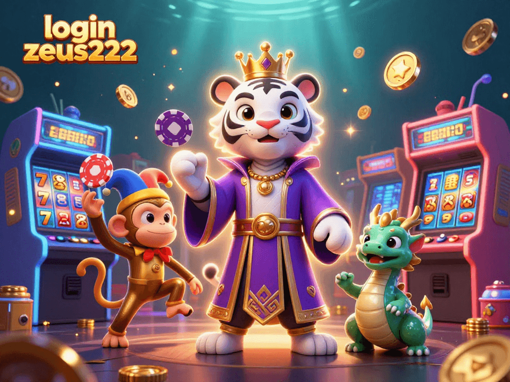 Experience the magic of gaming with login zeus222 featuring a majestic white tiger and playful monkey in a vibrant casino setting.