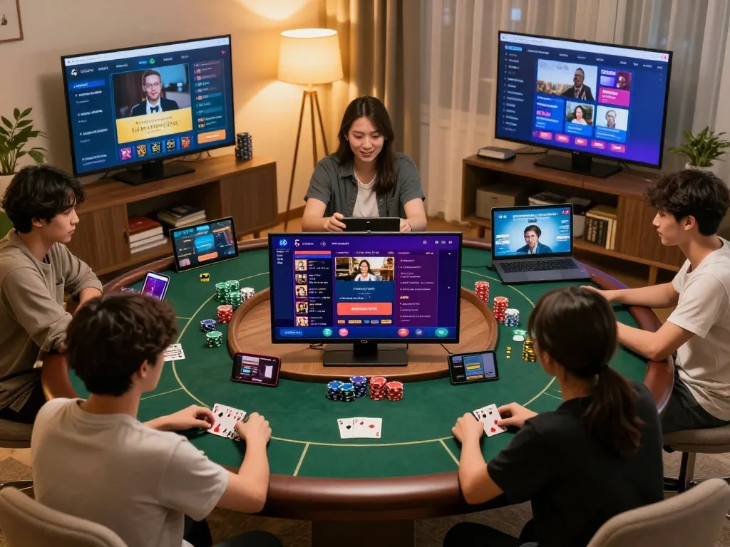 Players engaging in a live poker session on 23win, enjoying a strategic online gambling experience