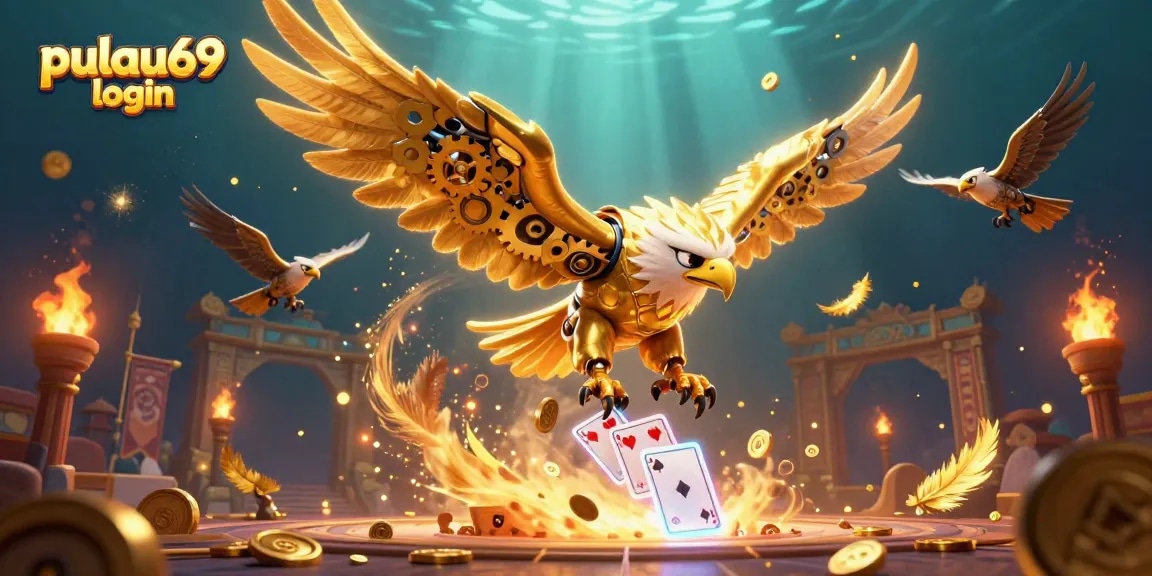 Pulau69 login showcases a thrilling dive into the world of online gaming with vibrant holographic cards and a cybernetic eagle.