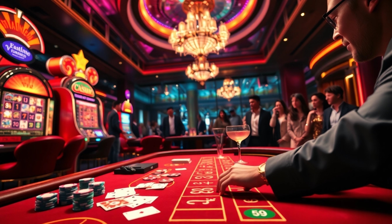 Experience the thrill of 555win in a vibrant casino scene featuring luxurious gaming tables and excited players.