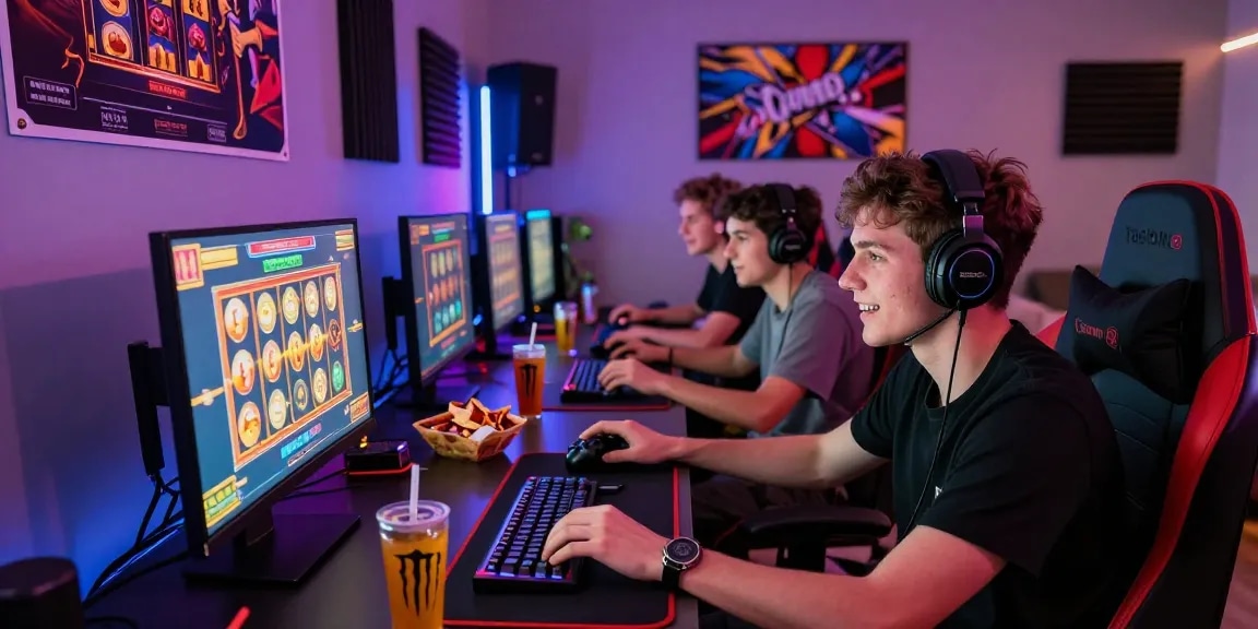Friends enjoying tambakbet slot games with colorful graphics and snacks in a vibrant gaming room.