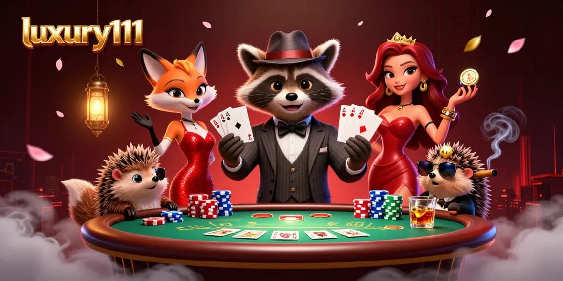Experience luxury111 with a suave raccoon dealer at a vibrant poker scene emphasizing action and excitement.