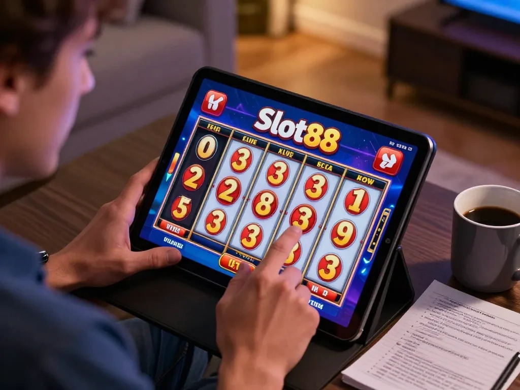 Engaged player enjoying Slot88 online slots with excited win notifications in a cozy atmosphere