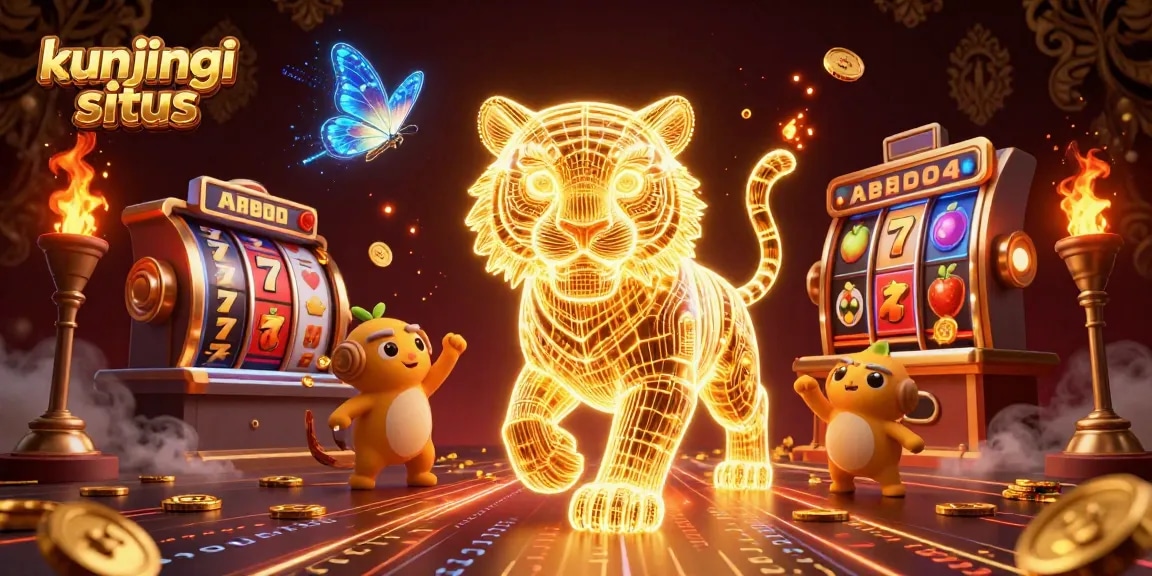 Play exciting casino games on “kunjungi situs,” featuring a golden tiger and vibrant slot machines.