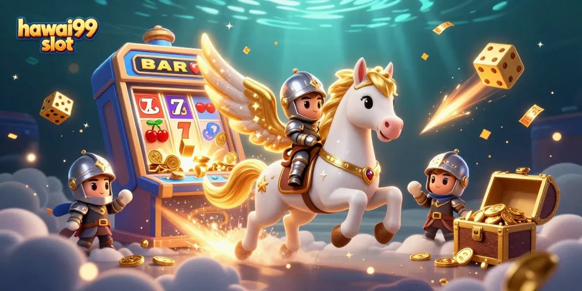 Experience hawai99 slot excitement with a whimsical scene of a celestial horse, jackpot, and colorful games.