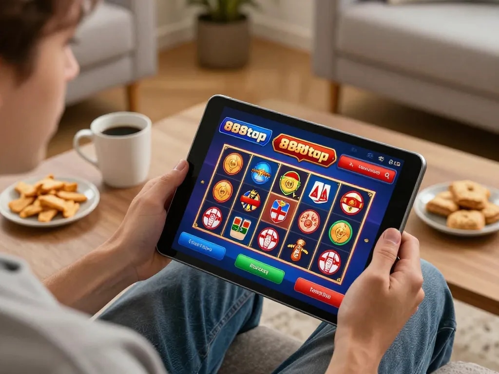 Engaging with the 888top casino app on a tablet in a cozy living room setting