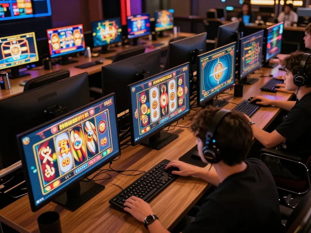 spinadvisor player engaged in online slots and casino strategy at dual screens in modern setup