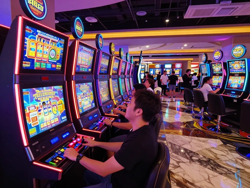 Engaged players at situs slot machines celebrating wins with colorful displays.