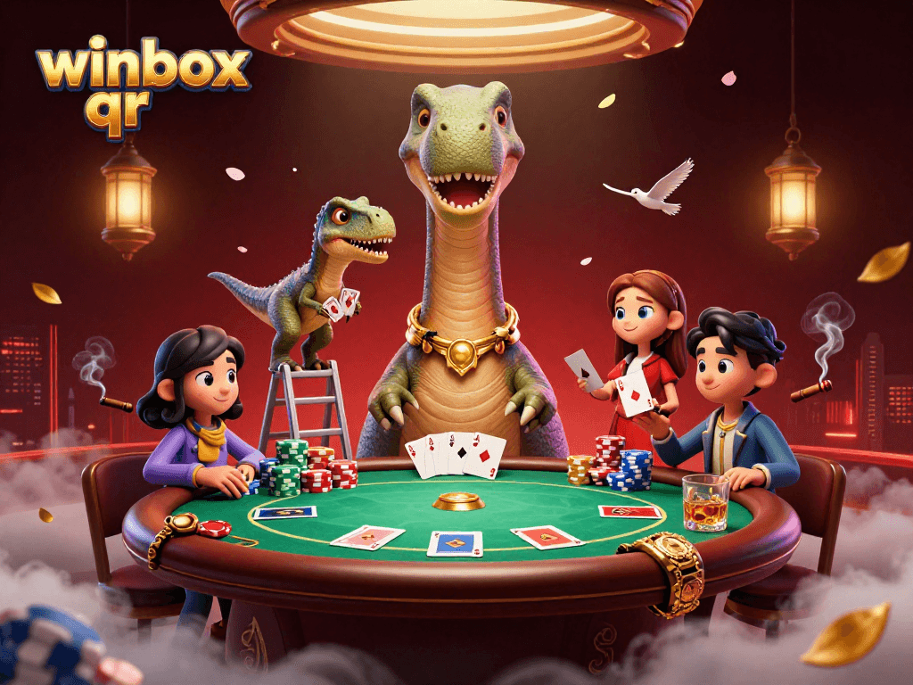 Join the fun with winbox qr at an interactive casino, featuring a playful dinosaur scene.