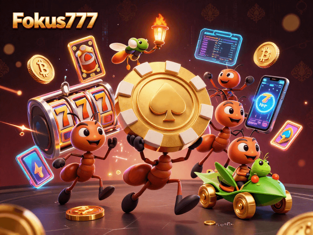 Fokus777 showcases an adventurous team of ants heist amid colorful casino themes, embodying thrilling gameplay.