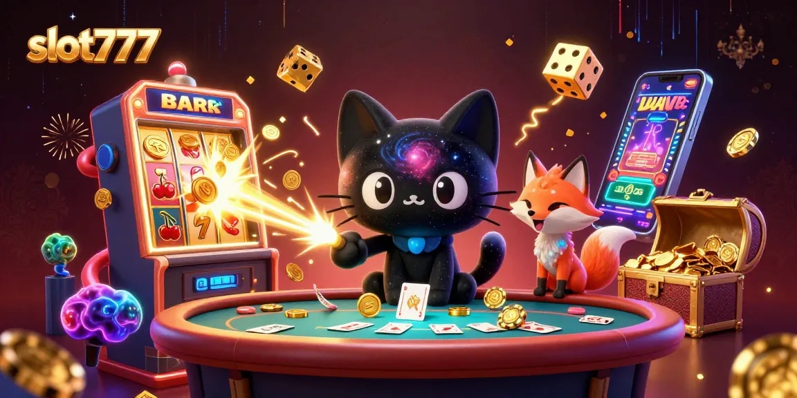 Engage with slot777 as the cartoon black hole cat pulls in golden chips from a vibrant cosmic casino.