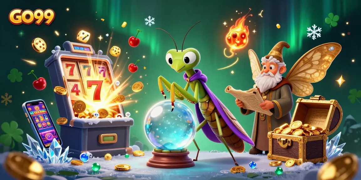 Experience GO99's excitement with a vibrant scene of gambling characters and dynamic casino elements.
