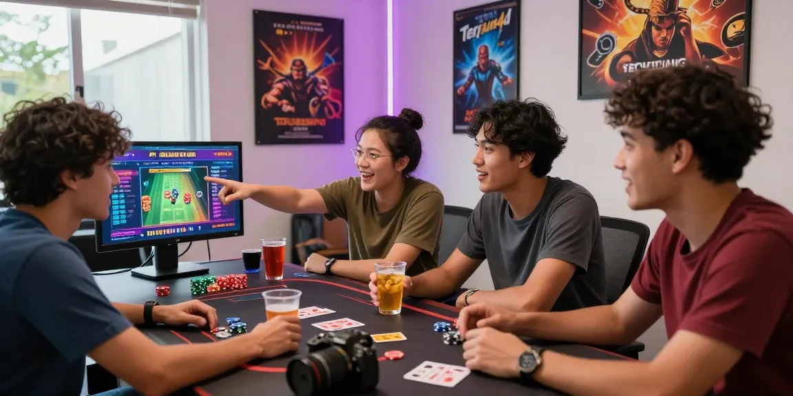 Teman-teman antusias berdiskusi tentang terjun4d dalam suasana bermain game yang menyenangkan.