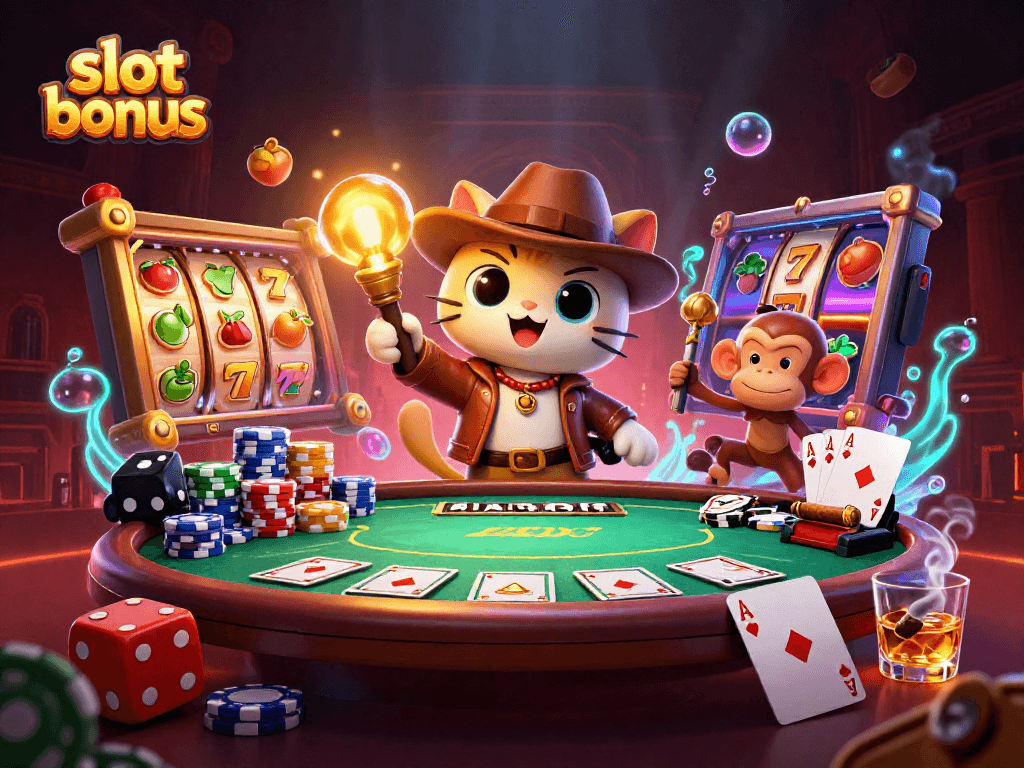 Experience the excitement of slot bonuses with a vibrant 3D casino scene filled with dynamic gaming elements.