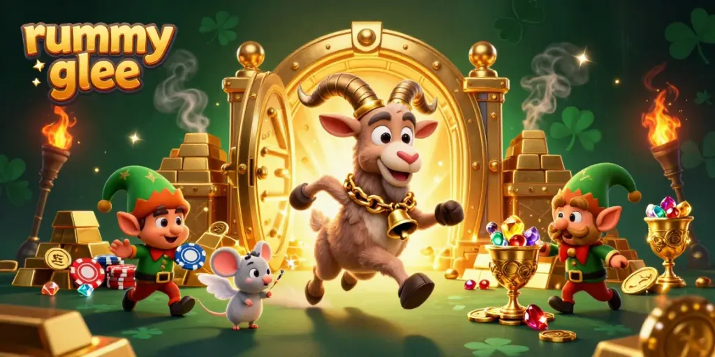 Rummy Glee menampilkan ilustrasi kasino yang meriah dengan karakter kartun dan harta berkilau.