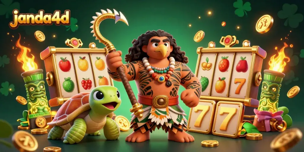 Slot pintar janda4d menghadirkan karakter dewa Maui bersama teman penyu dalam suasana kasino yang berwarna-warni.