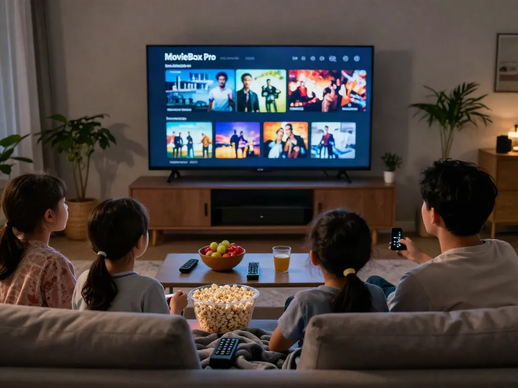 Family enjoying movie night with the MovieBox Pro Android app on TV, surrounded by snacks and cozy atmosphere.