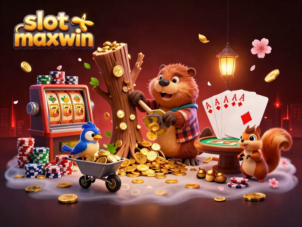 Menggenggam kemenangan slot maxwin dengan beaver pemotong kayu dan teman burung mengumpulkan koin emas.