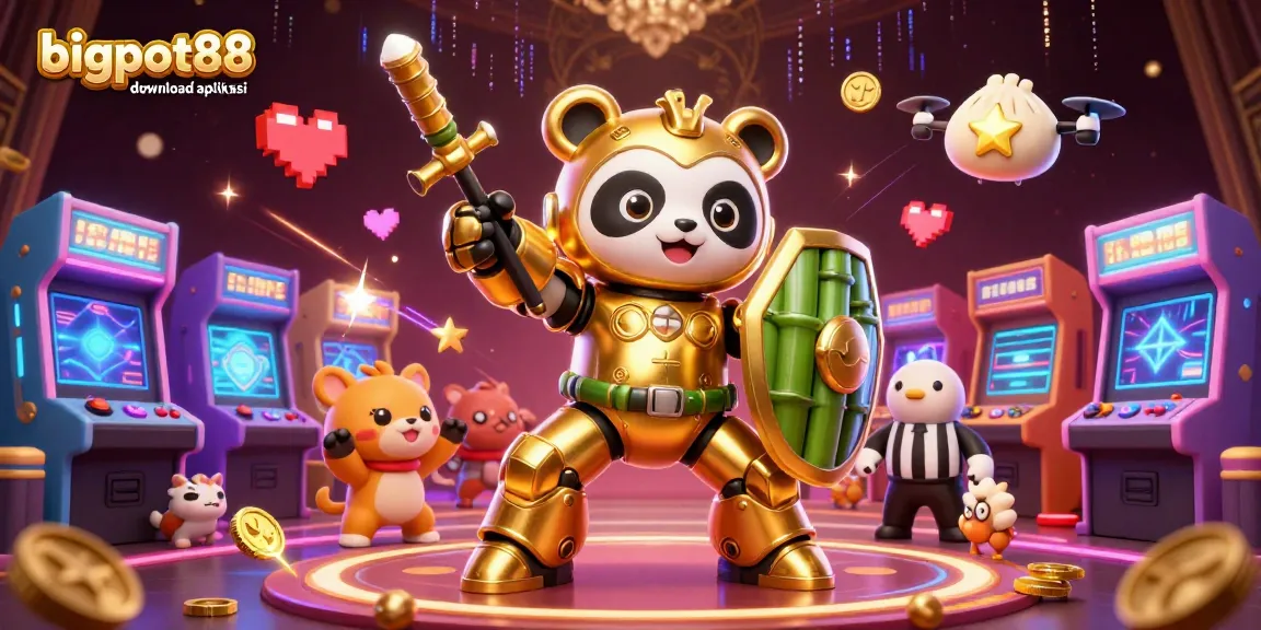 Experience the thrill of bigpot88 download aplikasi with a vibrant 3D cartoon illustration showcasing a casino-themed battle arena filled with playful characters and game elements.