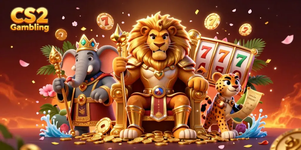 Experience thrilling CS2 Gambling with a majestic lion king, wise elephant, and swift cheetah in an immersive casino scene