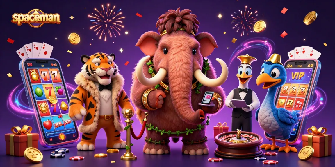 Spaceman scene with vibrant casino characters and slot games, showcasing excitement and engagement.