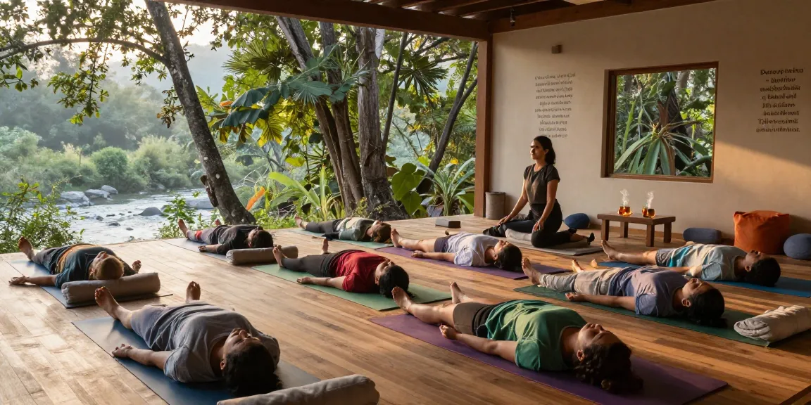 Participants practicing yoga at a tranquil Ayurveda wellness retreat in Rishikesh