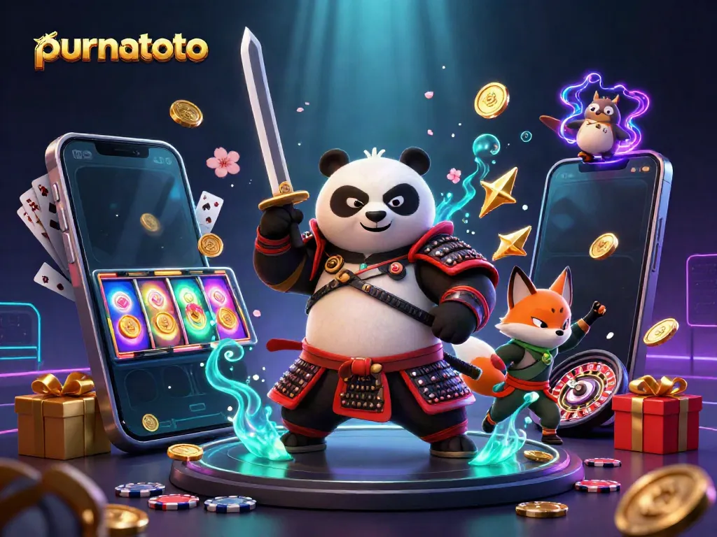 Menghadirkan pengalaman bermain dengan Purnatoto, karakter samurai panda dan rubah ninja dikelilingi oleh elemen permainan slot.