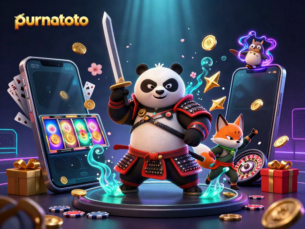 Menghadirkan pengalaman bermain dengan Purnatoto, karakter samurai panda dan rubah ninja dikelilingi oleh elemen permainan slot.