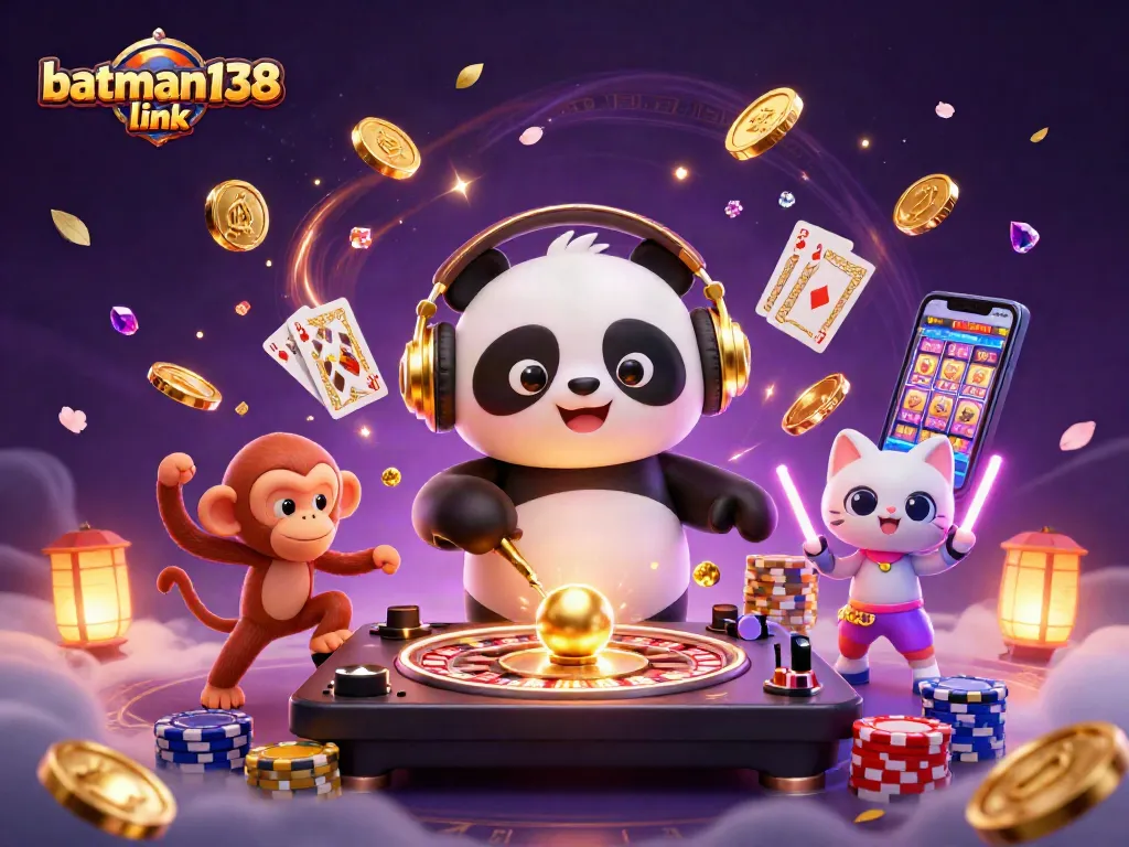 Gambarkan batman138 link di dunia kasino dengan karakter beruang panda DJ dan kucing bercahaya.