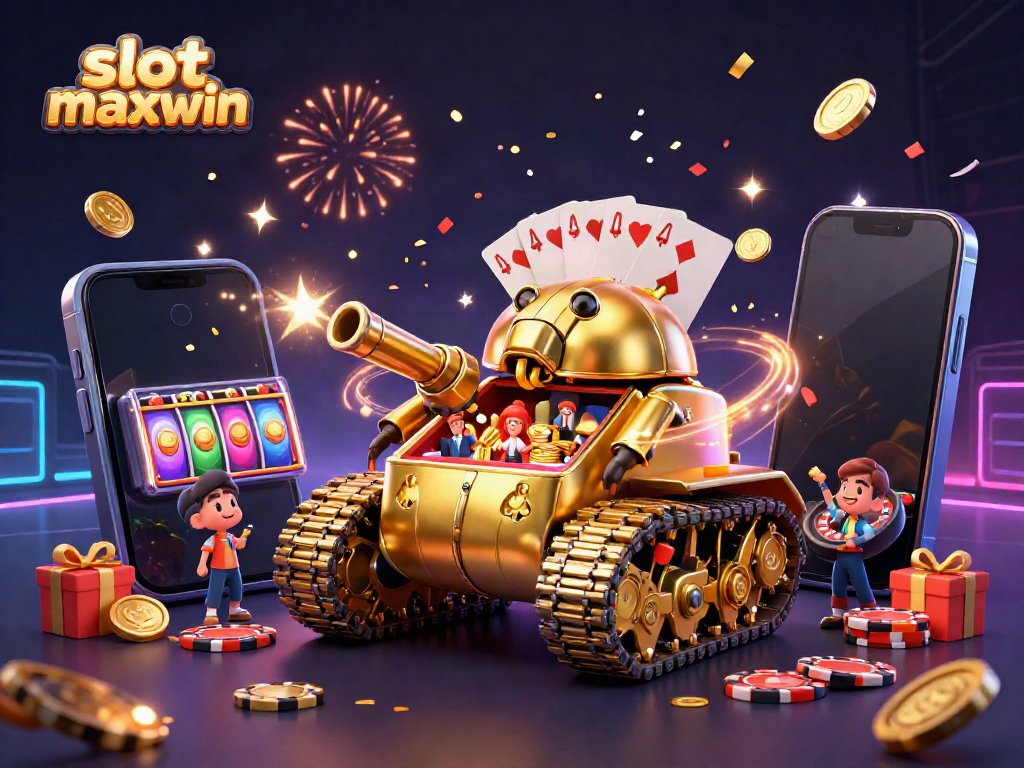 Slot maxwin menampilkan kasino mini dalam tank keju dengan permainan slot, koin emas, dan konfeti.